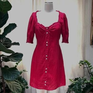 Milkmaid Linen Mini Dress Red Puff Sleeve Romantic European Summer Zara L